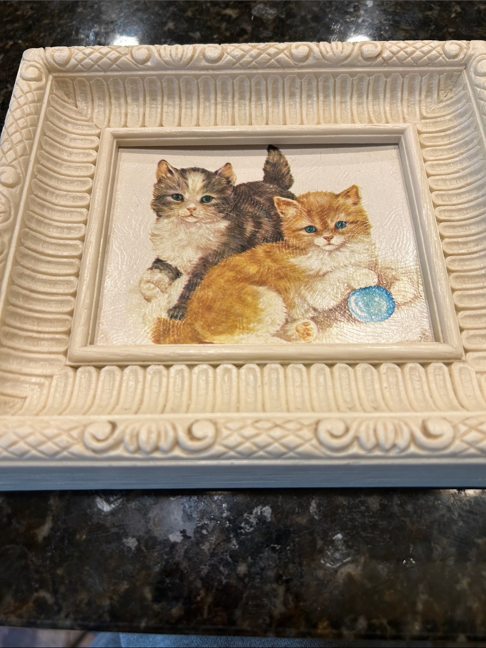 Vintage Decorative Cat Art Plaque - Cream Frame with Orange & Brown Kittens